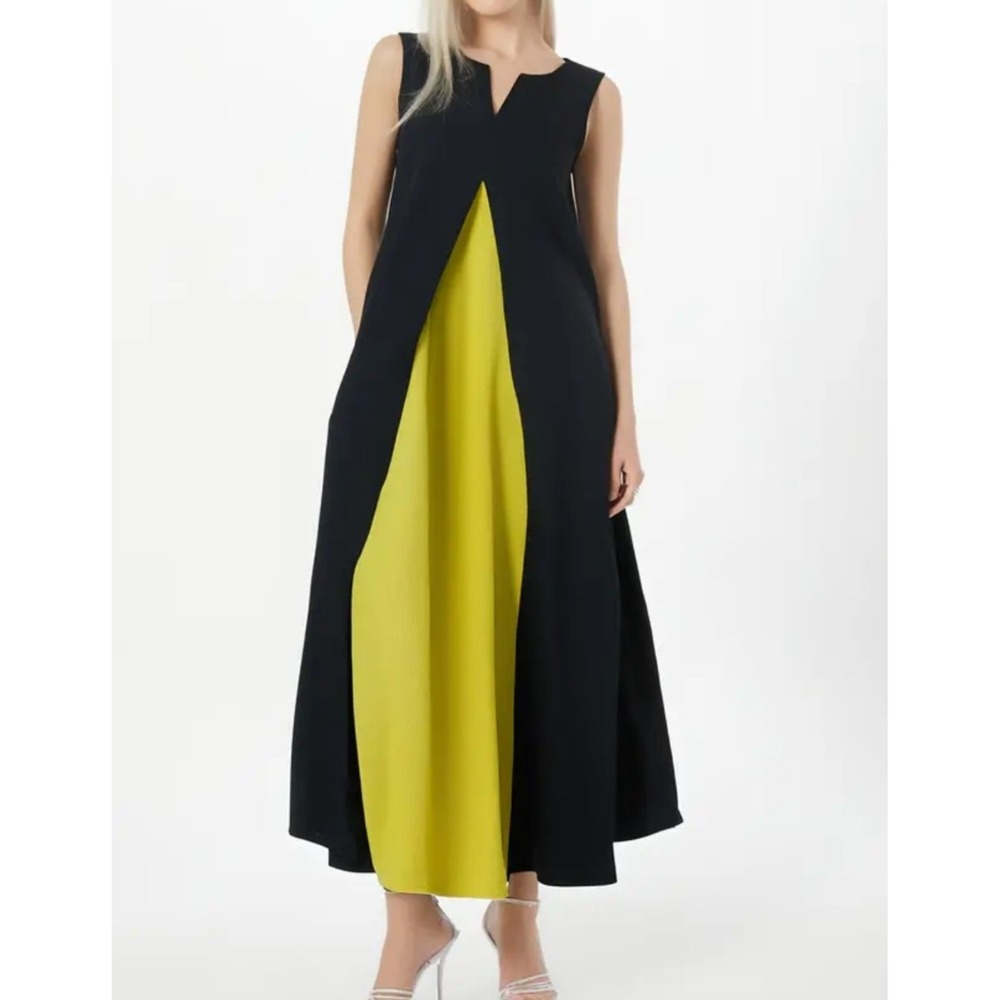 NWD Gracila Maxi Dress Plus 2XL‎ Black Yellow Sleeveless Cotton Pocket Lagenlook